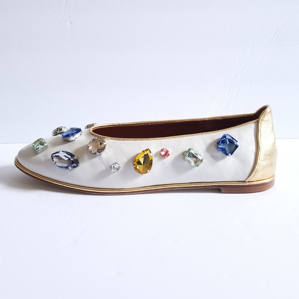 Tory Burch Crystal-Embellished Leather Flat Ballet Ivory Gold Size 9.5 - Picture 6 of 13